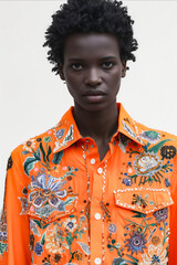 Sticker - A woman wearing an orange shirt with a floral pattern on it