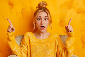 Canvas Print - A woman in a yellow sweater pointing up with both hands