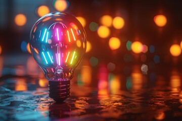 Wall Mural - vibrant multicolored light bulb in dark abstract setting electric and glowing creative design modern