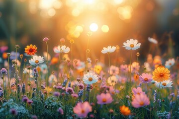  blurred background of a vibrant green meadow filled with wildflowers in full bloom, with the warm sunlight casting a golden glow over the scene