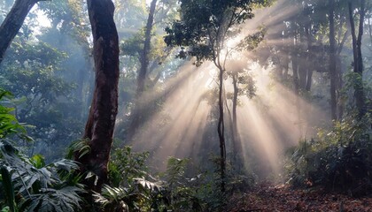 Wall Mural - Fog in the mysterious rainforest, sun rays are shining through high dark trees, tropical woods, dangerous travel concept