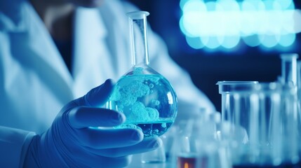 Wall Mural - Close-up of scientists' hands analyzing blue substance in a laboratory with research tools in the background, highlighting the scientific research and experimental process in a modern lab environment.