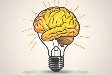 Wall Mural - yellow brain light bulb with glowing rays creative and innovative modern concept digital illustratio