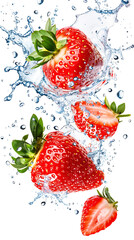 Canvas Print - Floating isolated whole strawberry with water splash, two slice on white background