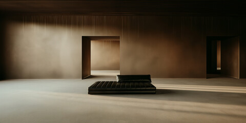 Wall Mural - there is a black bench in a room with a light coming through the window