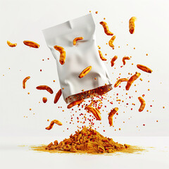 Poster - White Sachet Mockup, turmeric powder spilling out