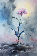 Wall Mural - painting of a pink flower in a field with a sky background