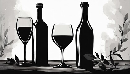 Wall Mural - black silhouette contrast wine bottle wine glass set isolated on white background, cut out