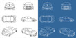 © WINDERFULL STUDIO - vector hatchback car line art draw blueprint wireframe from all view top corner side back isolated in transparent background