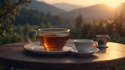 Wall Mural - Cup of tea on table in the sunshine background 9.