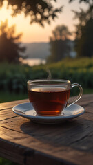 Wall Mural - Cup of tea on table in vertical sunshine background 5.