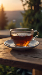 Wall Mural - Cup of tea on table in vertical sunshine background 10.