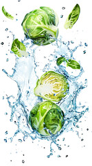 Canvas Print - Floating isolated whole Brussels sprouts with water splash