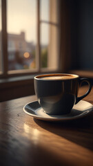 Wall Mural - Cup of coffee on table on vertical background.