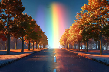 Sticker - A picturesque road lined with autumn trees and a rainbow in the sky.