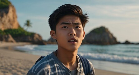 Poster - young asian teen guy in beach background looking happy amazed surpised wow shocked expression with copy space