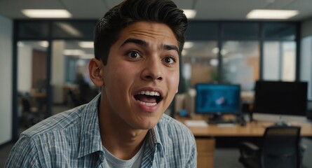 Poster - young hispanic teen guy in office background looking happy amazed surpised wow shocked expression with copy space