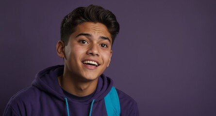 Poster - young hispanic teen guy in plain purple background looking happy amazed surpised wow shocked expression with copy space