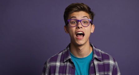 Poster - young nerd teen guy in plain purple background looking happy amazed surpised wow shocked expression with copy space