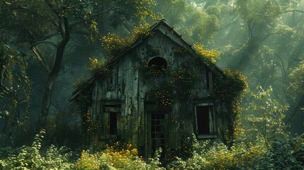 Wall Mural - An old cracked wooden hut overtaken by jungle growth with dense foliage in a remote area