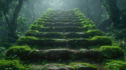 Wall Mural - Ancient stone steps covered in moss and cracks leading up through a lush jungle environment