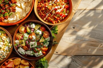 food flat lay presenting an appetizing array of dishes and ingredients