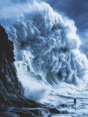 Wall Mural - Person facing massive ocean wave