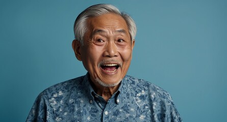 Wall Mural - elderly asian guy in plain blue background looking happy amazed surpised wow shocked expression with copy space