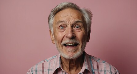 Wall Mural - elderly caucasian guy in plain pink background looking happy amazed surpised wow shocked expression with copy space