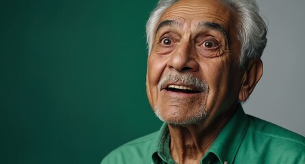 Poster - elderly hispanic guy in plain green background looking happy amazed surpised wow shocked expression with copy space