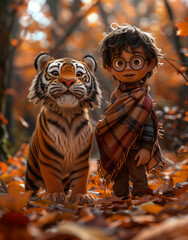 Wall Mural - there is a young boy standing next to a tiger in the woods