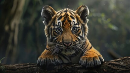 Poster - Tiger Cub Perched on Tree Branch