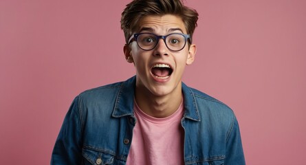 Wall Mural - teen nerd guy in plain pink background looking happy amazed surpised wow shocked expression with copy space