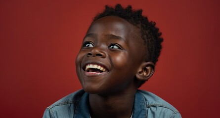 Wall Mural - young african kid boy in plain red background looking happy amazed surpised wow shocked expression with copy space