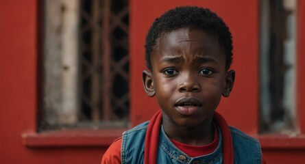 Poster - young african kid boy in plain red background looking happy amazed surpised wow shocked expression with copy space