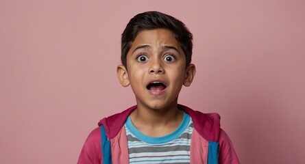 Poster - young hispanic kid boy in plain pink background looking happy amazed surpised wow shocked expression with copy space