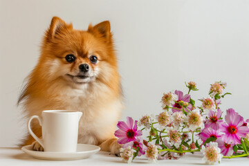 Wall Mural - araffy dog sitting next to a cup of coffee and flowers