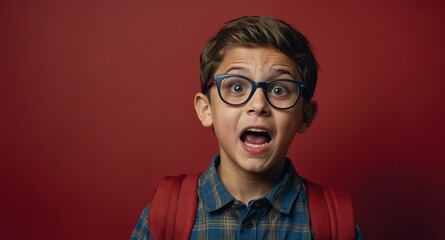 Poster - young nerd kid boy in plain red background looking happy amazed surpised wow shocked expression with copy space