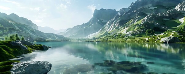 Wall Mural - Mountain Lake with Clear Water Illustration