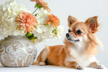 Wall Mural - there is a small dog that is sitting next to a vase of flowers