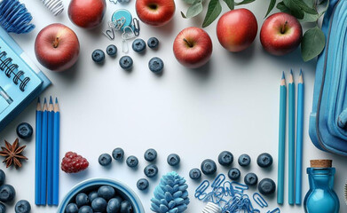 Wall Mural - School supplies with fruits laid out on the table, created with Generative AI technology.