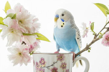 Wall Mural - there is a blue and white parakeet sitting on a cup