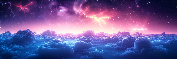 Canvas Print - dreamlike sky with fluffy clouds and vibrant nebulae, creating a fantasy landscape perfect for dream