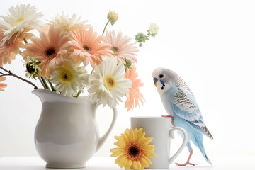 Wall Mural - there is a bird that is sitting on a cup next to flowers