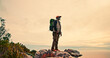 © peopleimages.com - Sky, mountain peak or black man hiking for view in outdoor adventure in nature for travel or break. Mature, clouds mockup space and hiker on hill for holiday vacation, exercise or trekking to explore