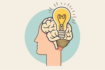 Poster - Human head silhouette with brain light bulb idea symbolizing creativity intellect and innovative thinking in a modern minimalist style.