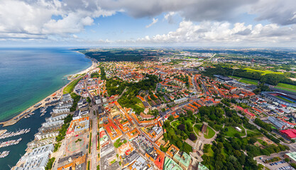 Poster - Helsingborg, Sweden. Karnan Tower. Panorama of the city in summer. Oresund Strait. Aerial view