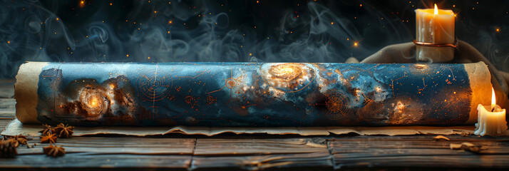 Wall Mural - vintage celestial map with star constellations, surrounded by candles and a starry background, evoki