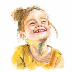 Watercolor painting of a young girl with a joyful smile, on isolated white background, Generative AI