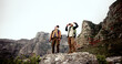 © peopleimages.com - Hiking, friends and mature men on mountain with backpack for adventure, trekking and fitness. Travel, nature and happy people outdoors for wellness, journey and exercise on holiday and vacation